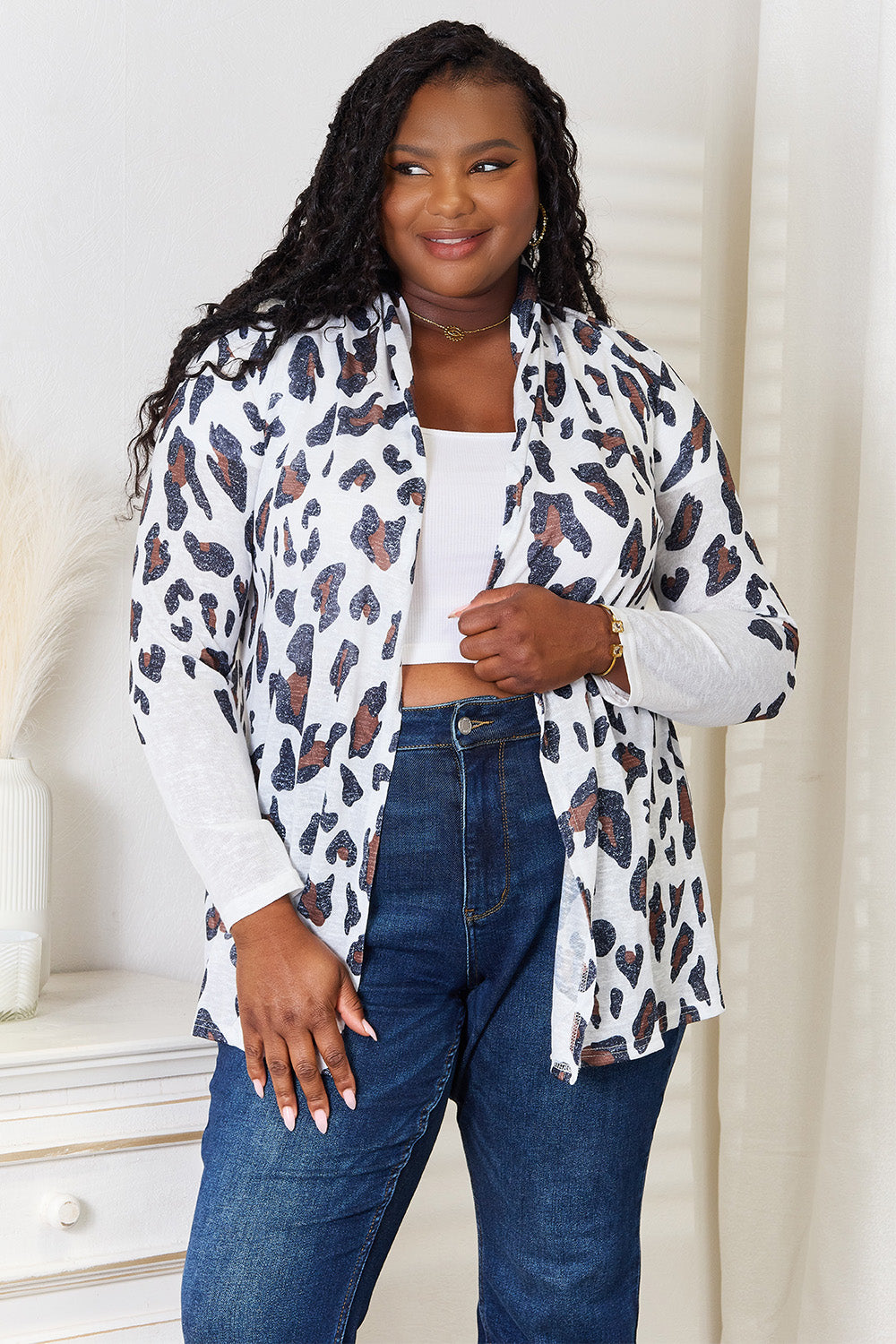 Double Take Leopard Long Sleeve Cardigan White e935e99595f64f92a33c290befc2f549-Max