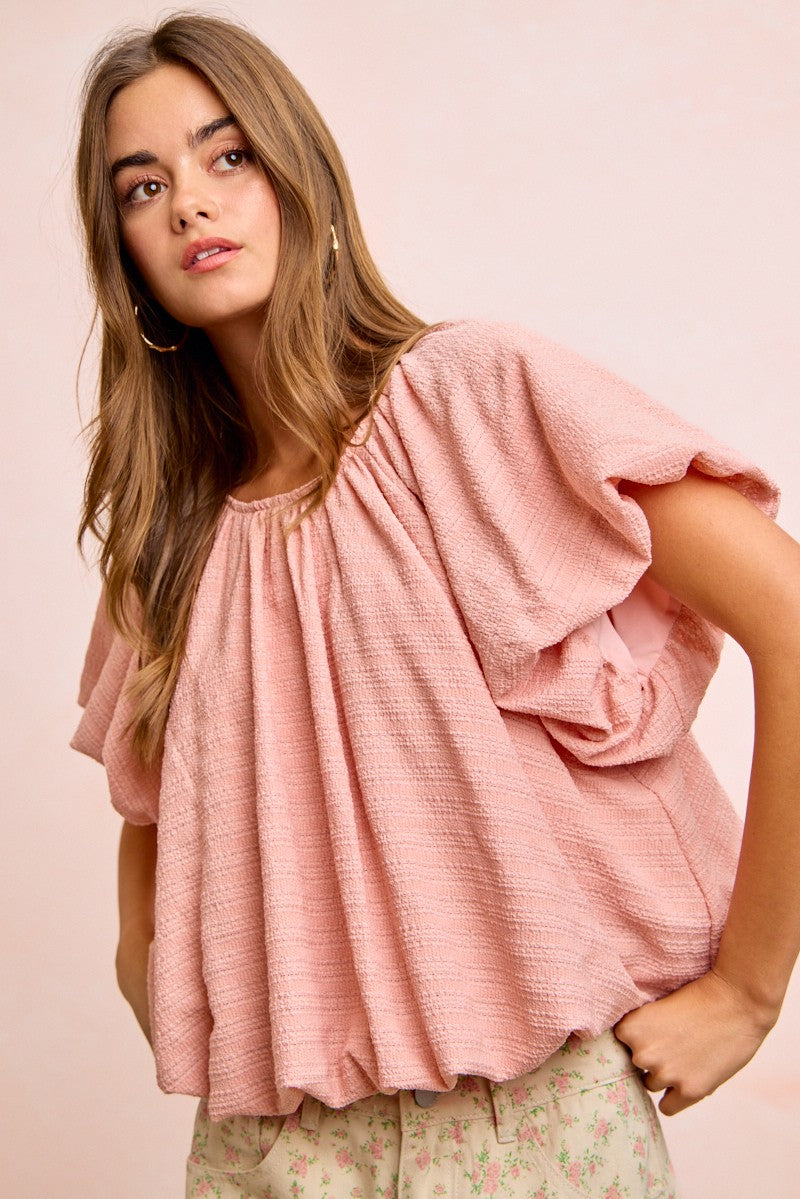 BiBi Stripes Textured Shirred Neckline Bubble Hem Top e93da4872df14c7bb4a0c49b1ab2d2f1-Max