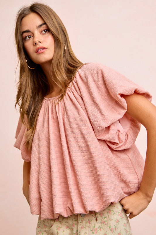 Stripes Textured Shirred Neckline Bubble Hem Top e93da4872df14c7bb4a0c49b1ab2d2f1-Max