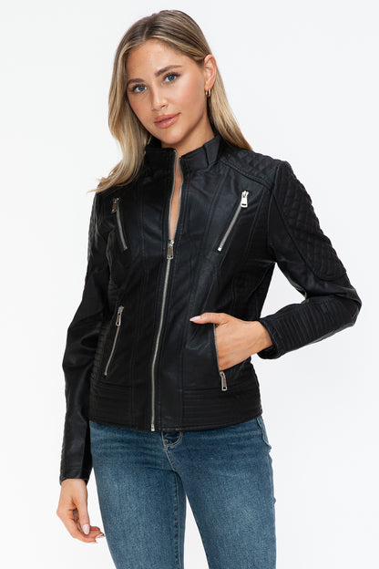 Snobbish Faux Leather Zip Up Mock Neck Jacket