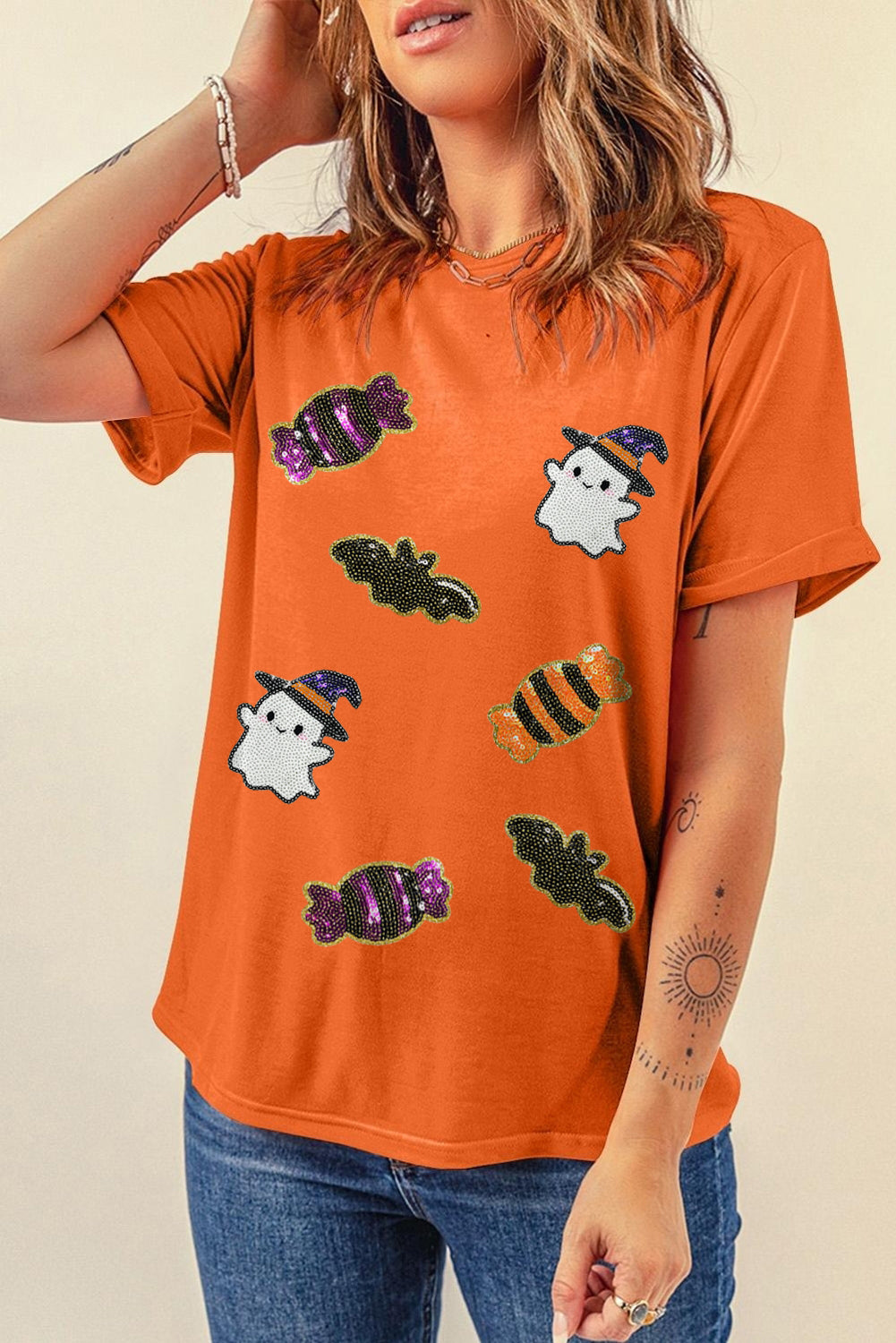 Black Halloween Spirit Pattern Sequins Patch Custom Casual Tee e945f865d3b2e218