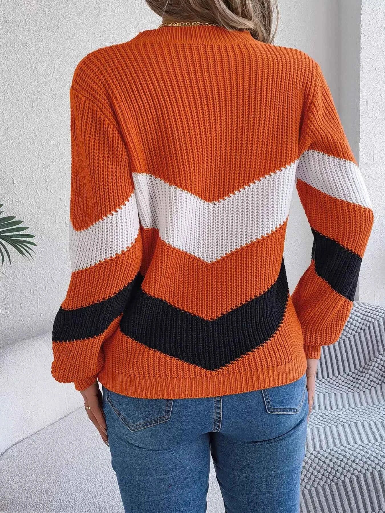 Chevron Stripe Color Block Round Neck Sweater e948146107f242deb20d798d7e859297-Max-Origin
