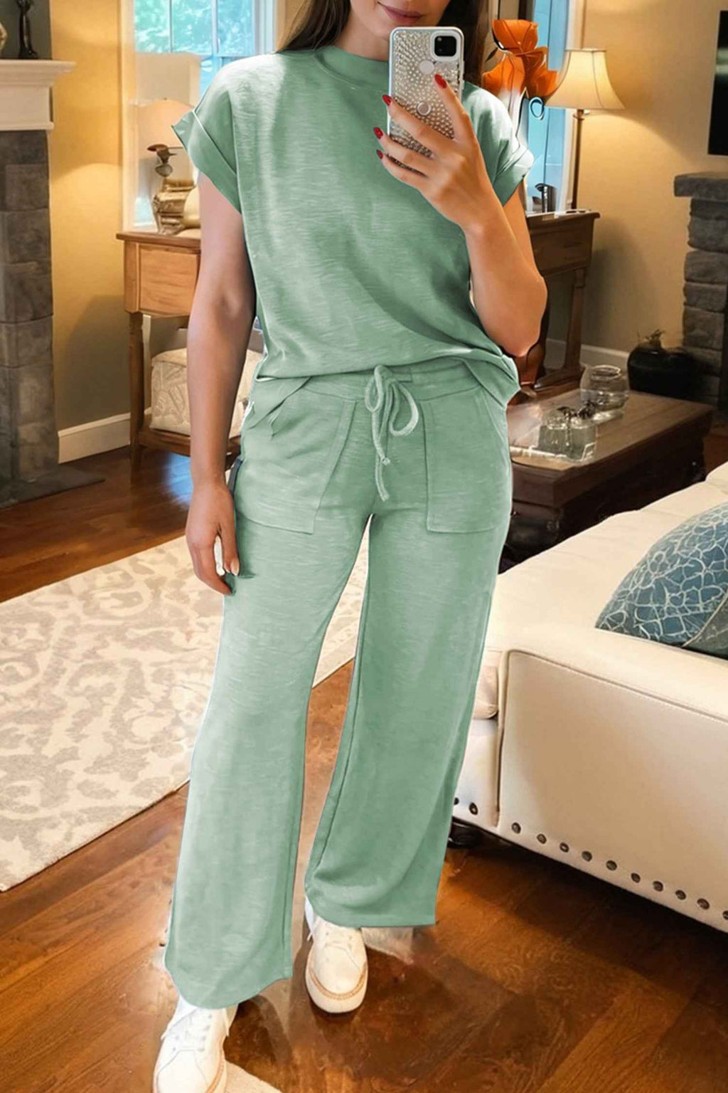 Canton Cuffed Short Sleeve Tee Raw Seam Patch Pocket Drawstring Pants Set e9549c66dda61231