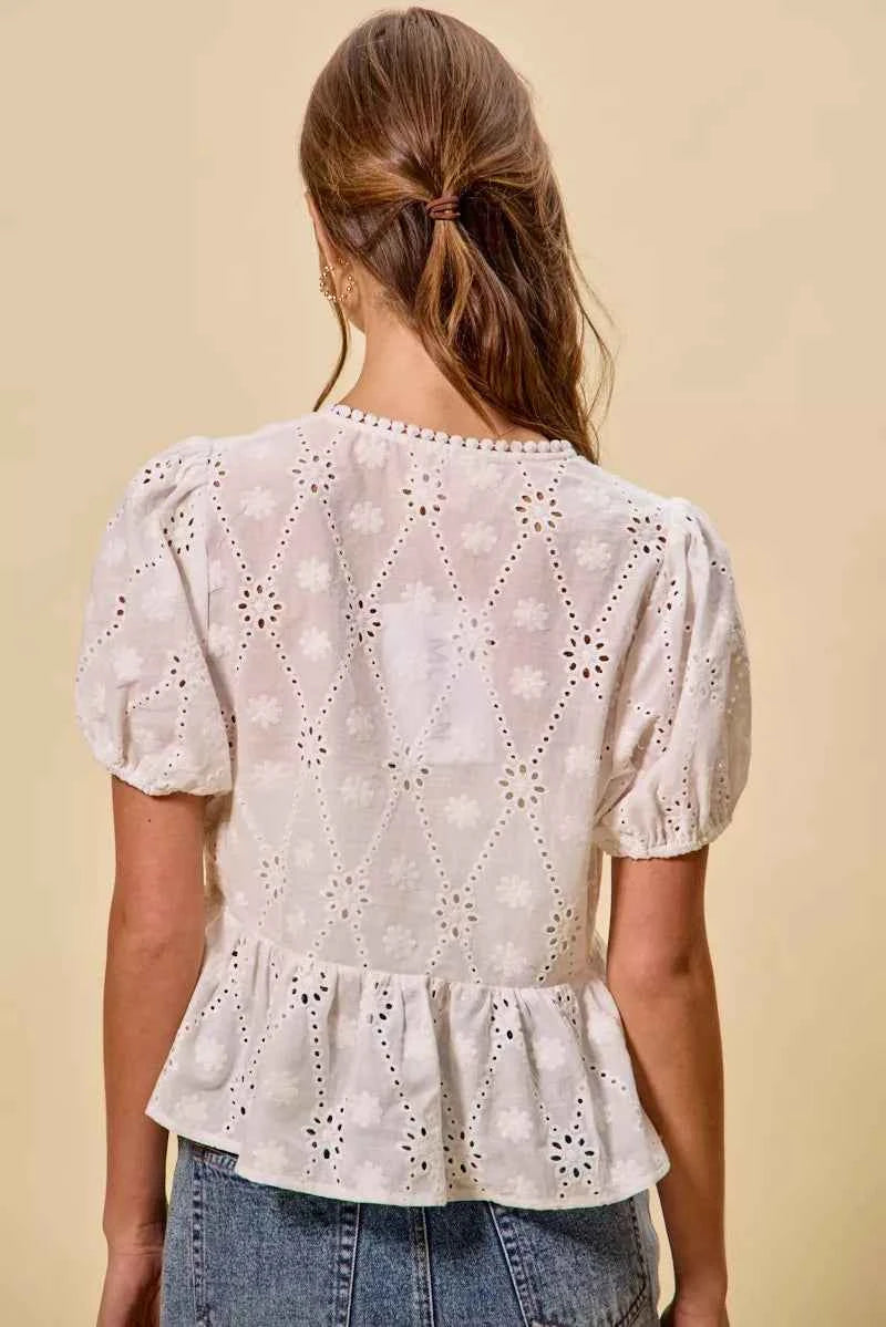 SO ME Cotton Eyelet Front Tie Short Sleeves Blouse e95988216d5a4558a3a10e93e15cc91b-Max-Origin