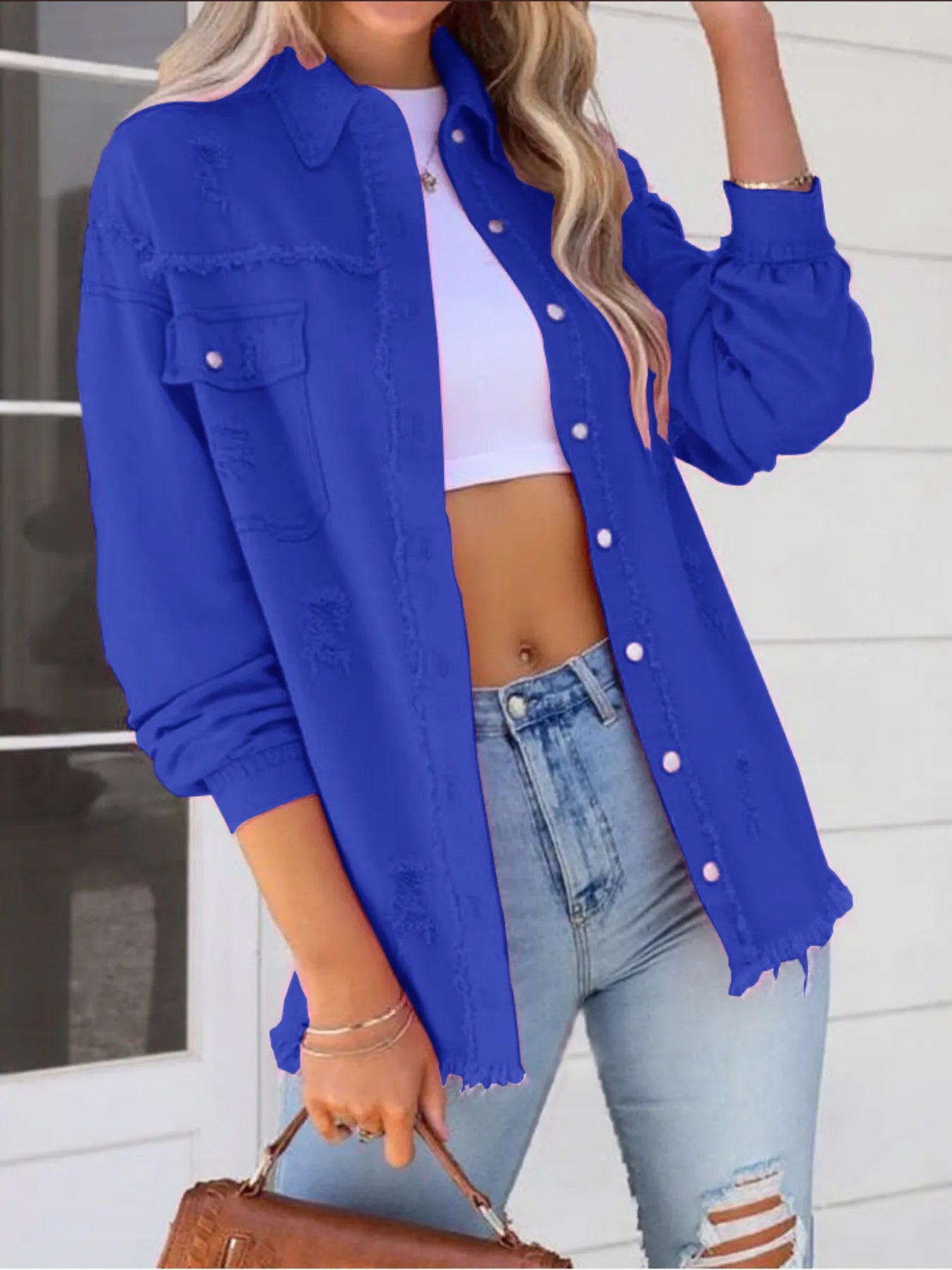 Distressed Denim Jacket with Frayed Edges Blue e95edb2fa73a4d1ca48b5e3e488530f0-Max-Origin