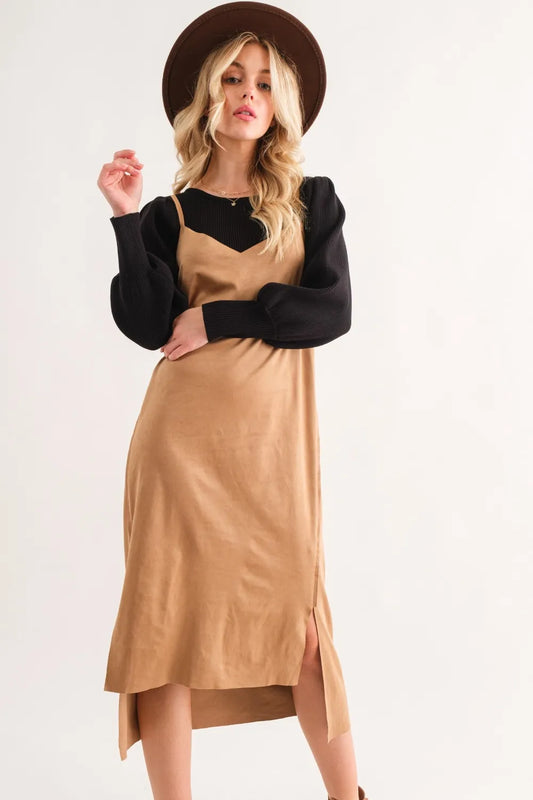 Faux Suede Cami Midi Dress - High-Low Slit Cut Edge e95fb6c0-c9cf-4aaa-a420-3052c6bc5c92-Max