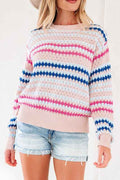 Stripe Eyelet Knit Drop Shoulder Sweater Khaki Stripe e96763bf-1430-4fcb-a0e7-3a93a3471c7a