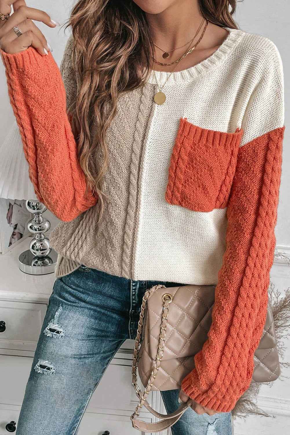 Vineyard Green Colorblock Pocket Drop Shoulder Sweater e96844d6152bcef0