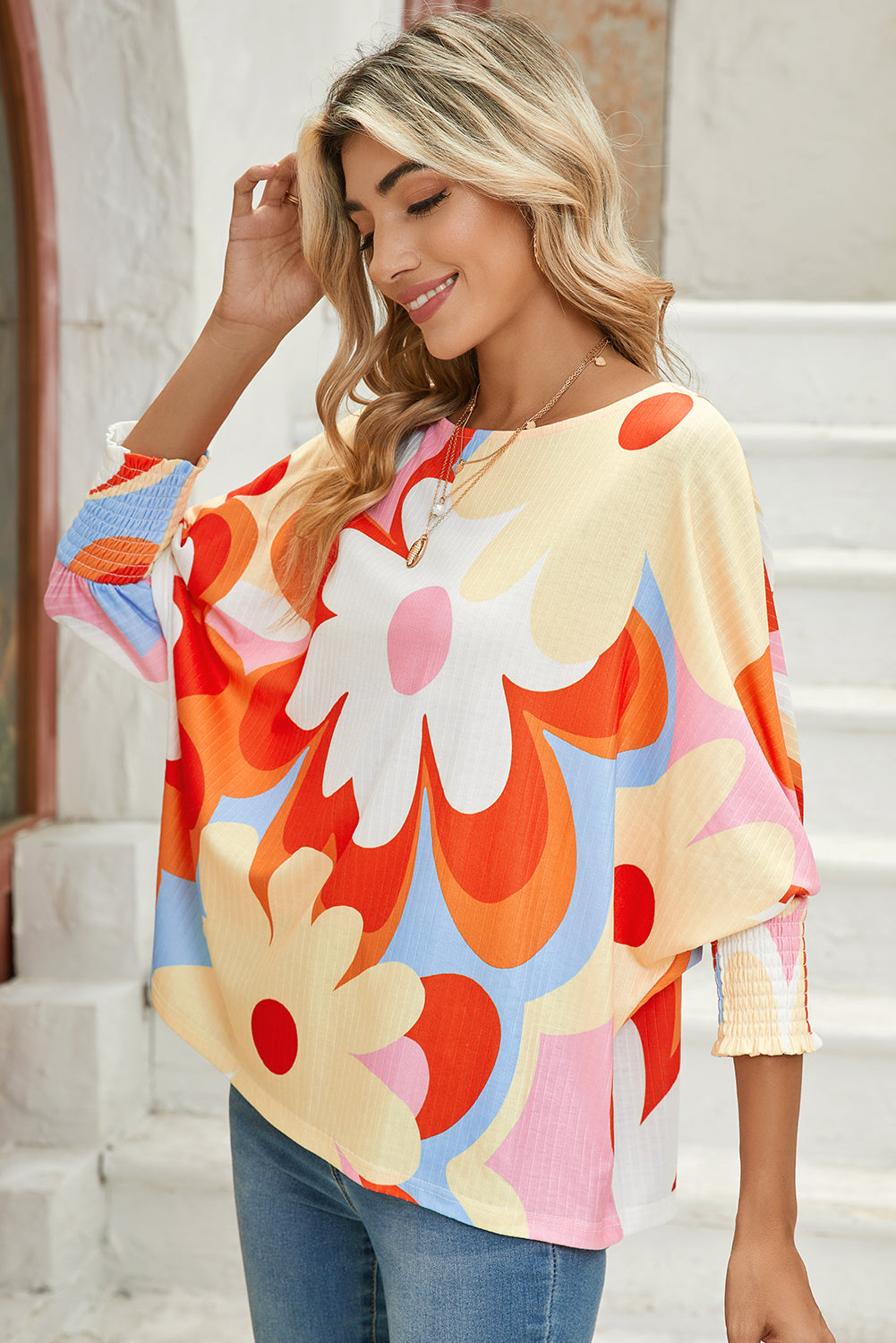 Yellow Colorful Floral Print Ribbed Dolman Blouse e9685e651820fe88