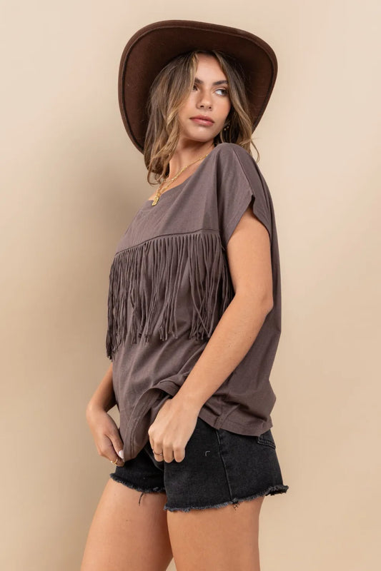 Ces Femme Fringe Detail Round Neck Short Sleeve Top e96b7d80-7aa6-4fad-a700-8e490e3cf77a-Max