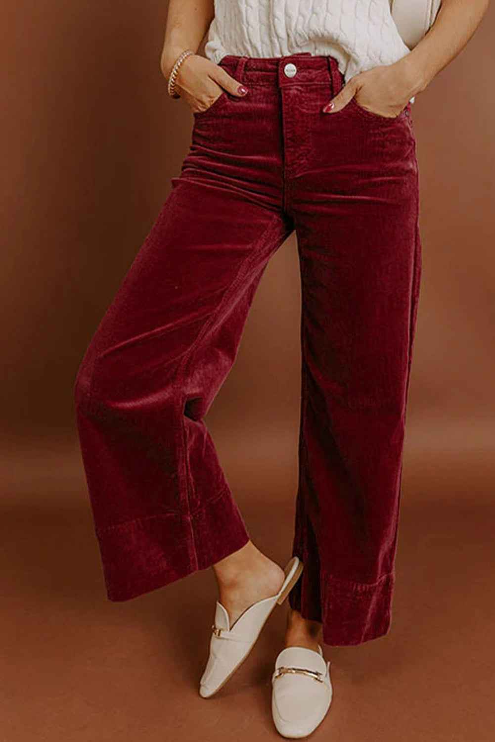 Burgundy Corduroy Solid Color High Waist Wide Leg Pants Burgundy 98%Cotton+2%Elastane e96ec3851eed20b7