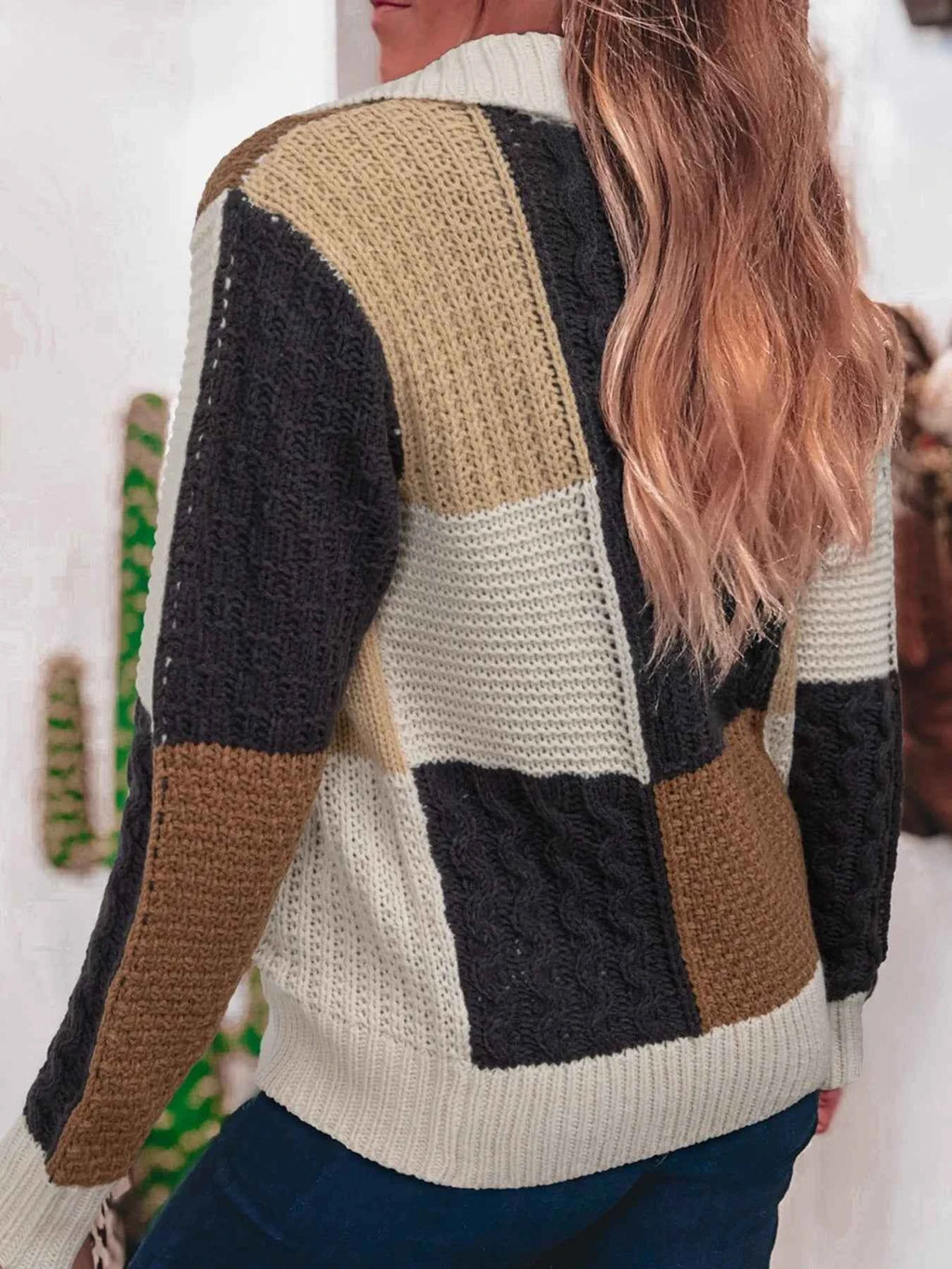 Multicolour Color Block Cable Knit Sleeve Buttons Collared Sweater e975b585-e3d8-4004-8766-f19100ad5baf-Max-Origin