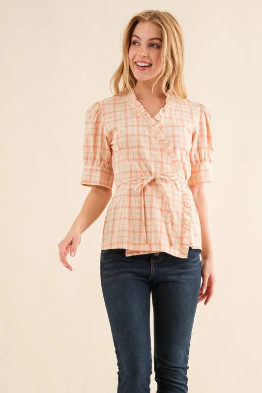 Plaid Ruffled Wrap Peplum Blouse - 100% Cotton Tie Front Top SALMON e975b9fc1259443d9fb28f7fbc799818-Max-Origin