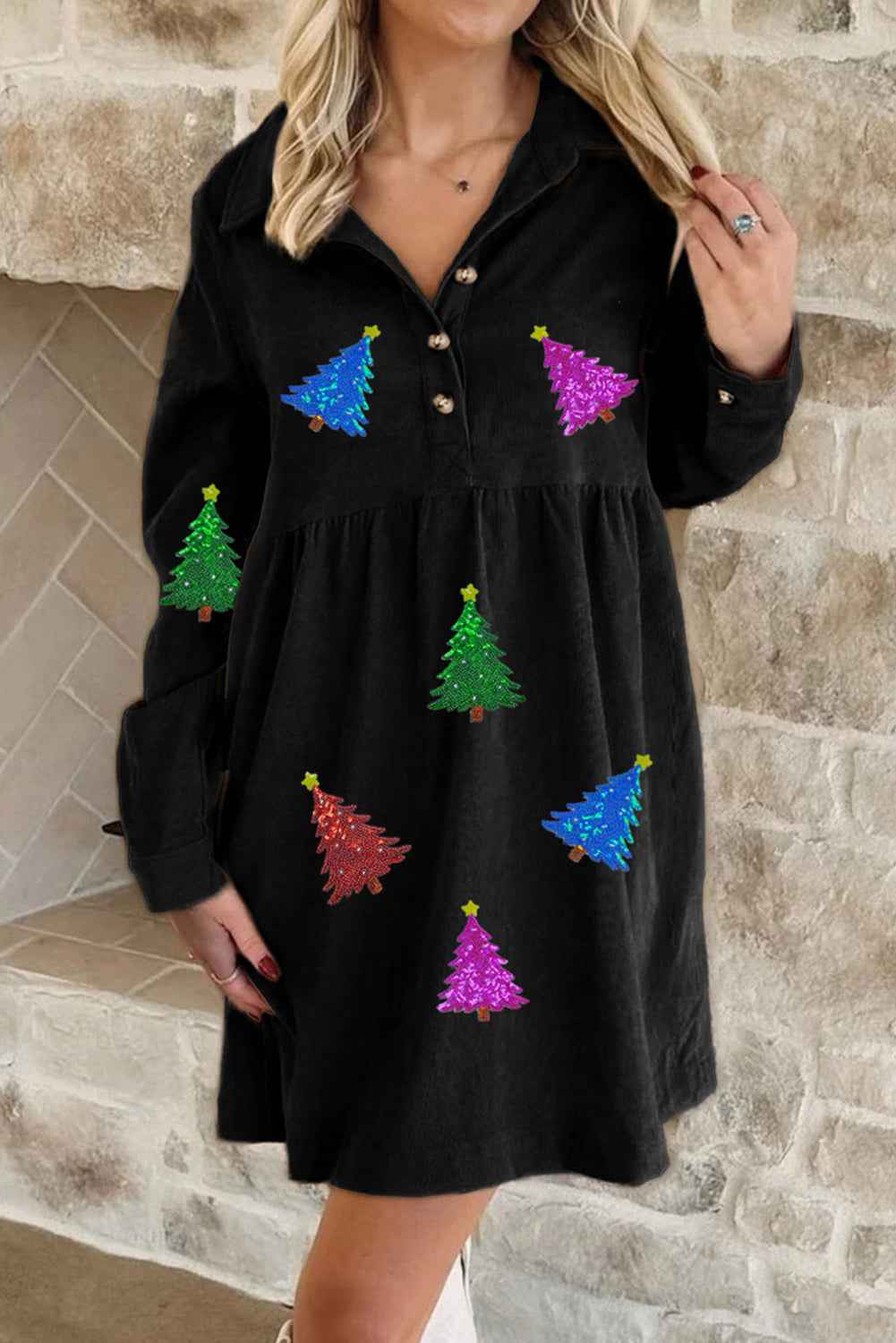 Black Shimmer Christmas Tree Patched Patterned Half Buttons Long Sleeve Dress e97e4c97742f9496