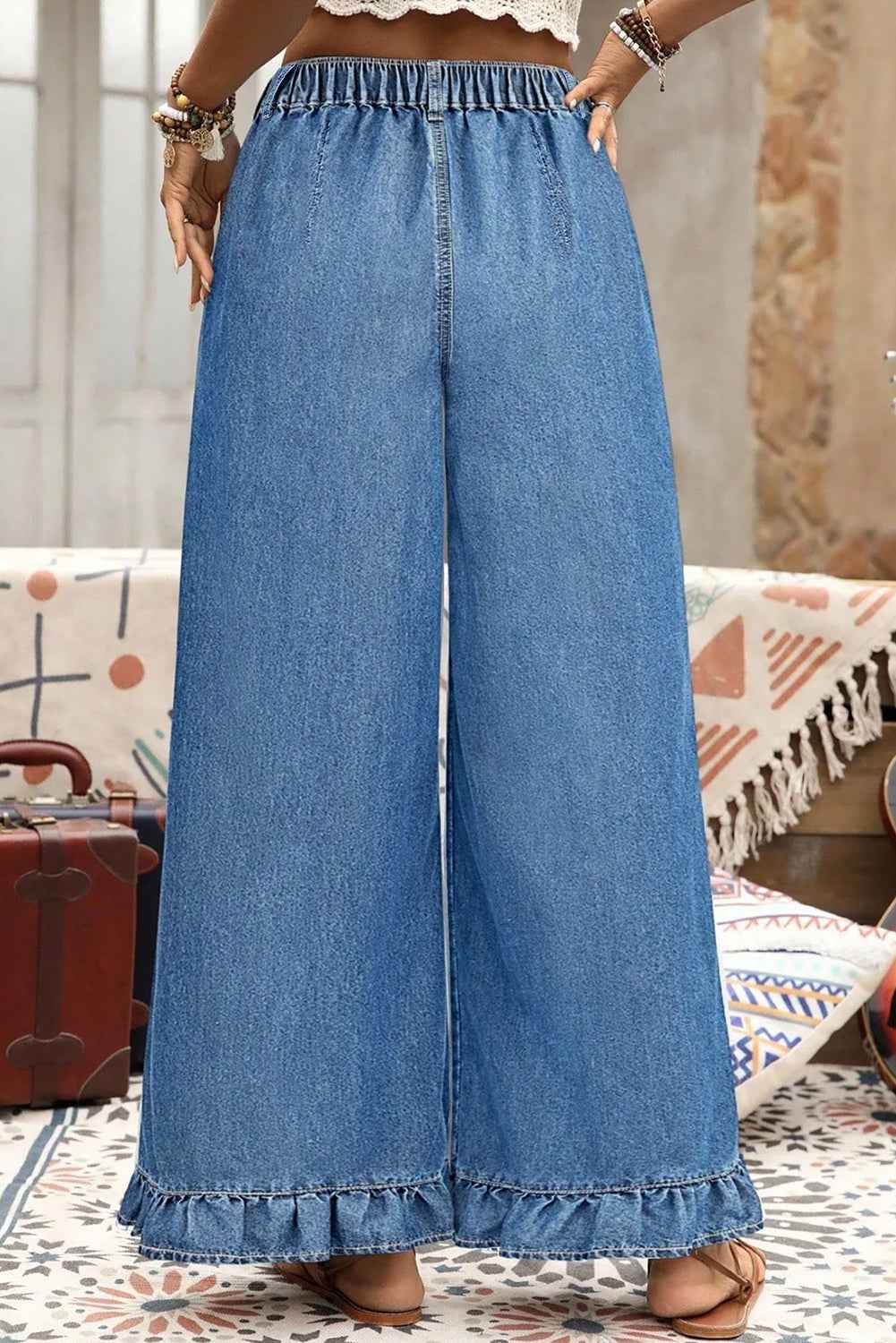 Ashleigh Blue Plus Size Elastic Waist Ruffled Wide Leg Denim Pants e980055a73a4fbe2