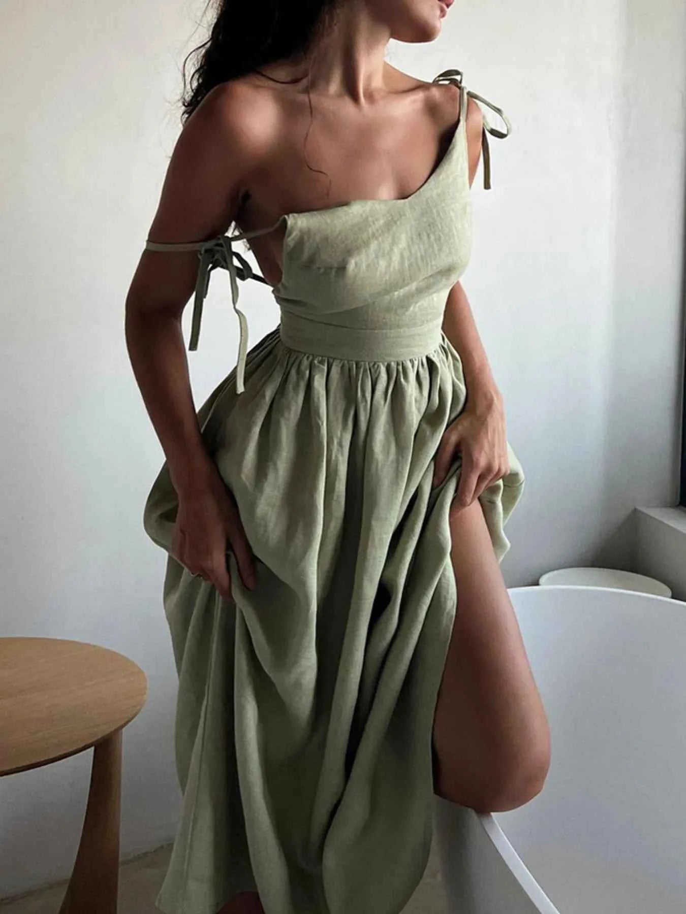 V-Neck Tie Shoulder Maxi Dress Green e98098b2-0bde-4acb-ae8a-ce23e1ee874d-Max-Origin