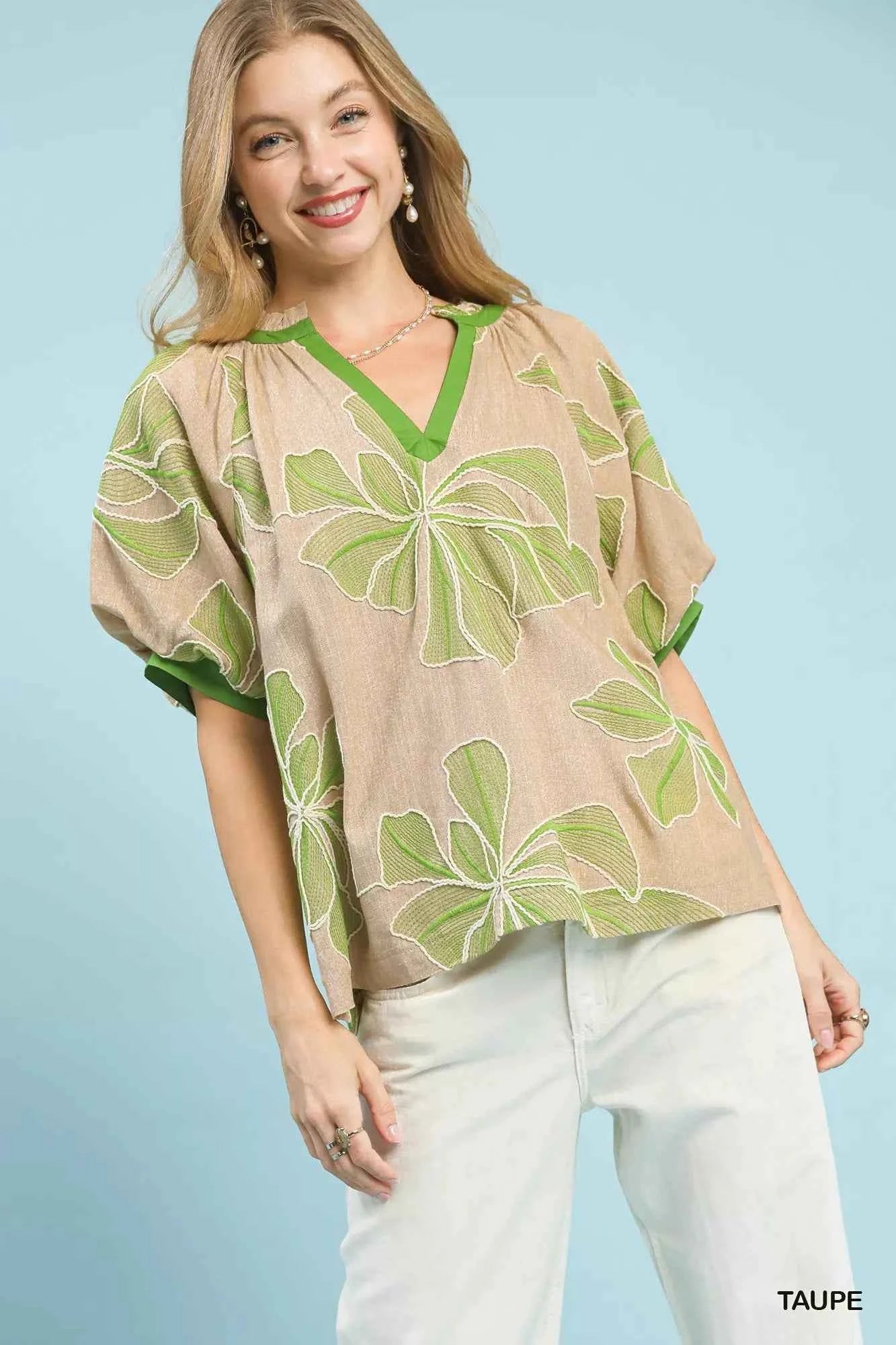 Embroidered V-Neck Short Sleeve Top TAUPE e9818763-5be3-4161-9c9a-d554ce666556-Max-Origin
