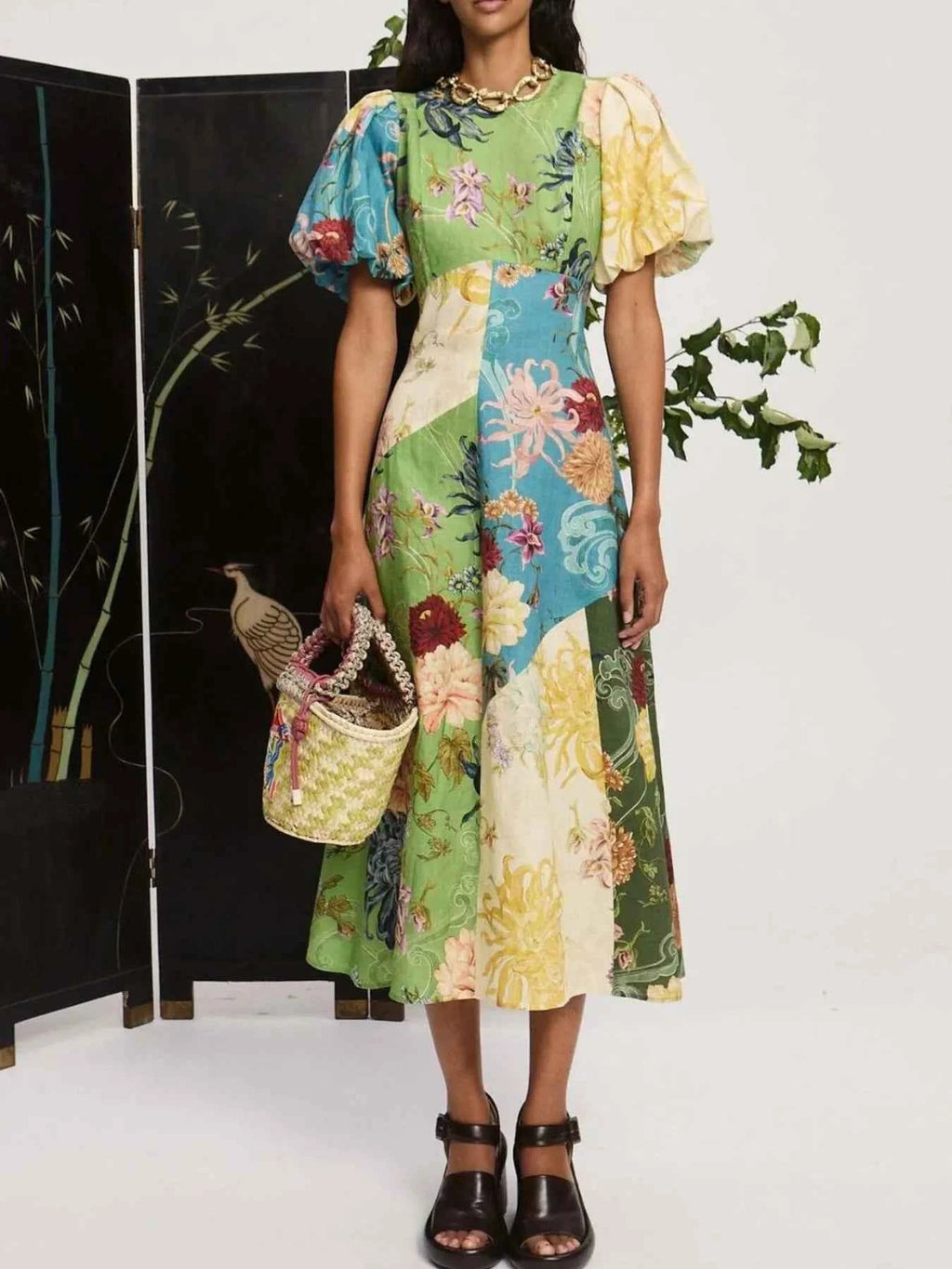 Printed Round Neck Puff Sleeve Dress e986639b-d5ec-4e7c-91fb-7e4ccfba4017-Max-Origin