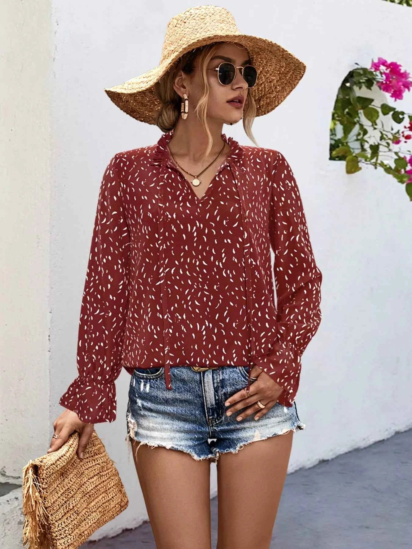 Ruffled Printed Tie Neck Long Sleeve Blouse Scarlet e987f083-bccd-4189-a77c-369c363647e6-Max-Origin