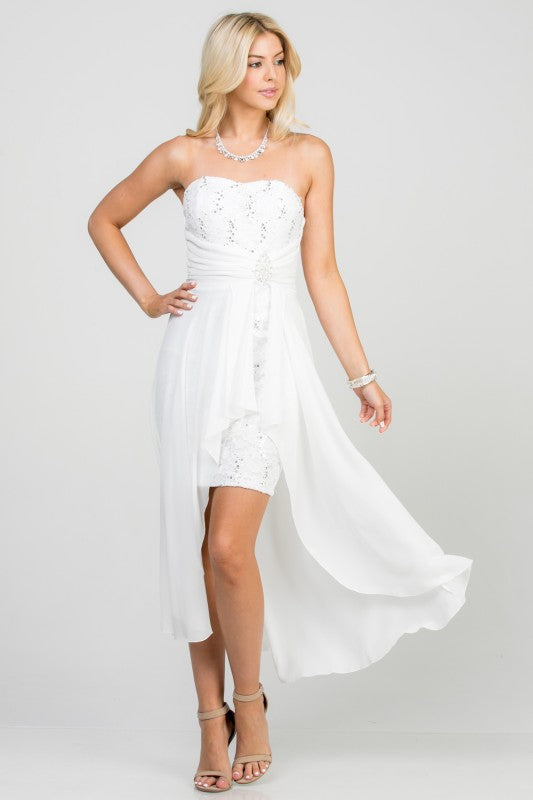 Women’s Strapless Chiffon High-Low Dress – Lace Bodice Open Back Cocktail Dress e98b4ef4-22e4-4845-bd7d-c82643664387