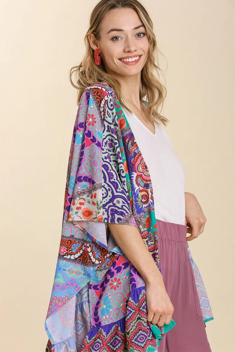 Umgee Full Size Mixed Print Ruffle Hem Open Front Cover Up Plus Size e98c852c-aac9-4353-90b0-4dd725e89f29-Max