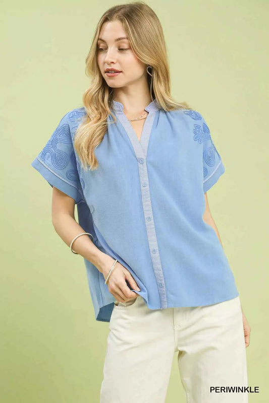 Embroidered Button Front Top PERIWINKLE e9911626-5fd2-457a-ac3e-513e80c8a6a6-Max-Origin