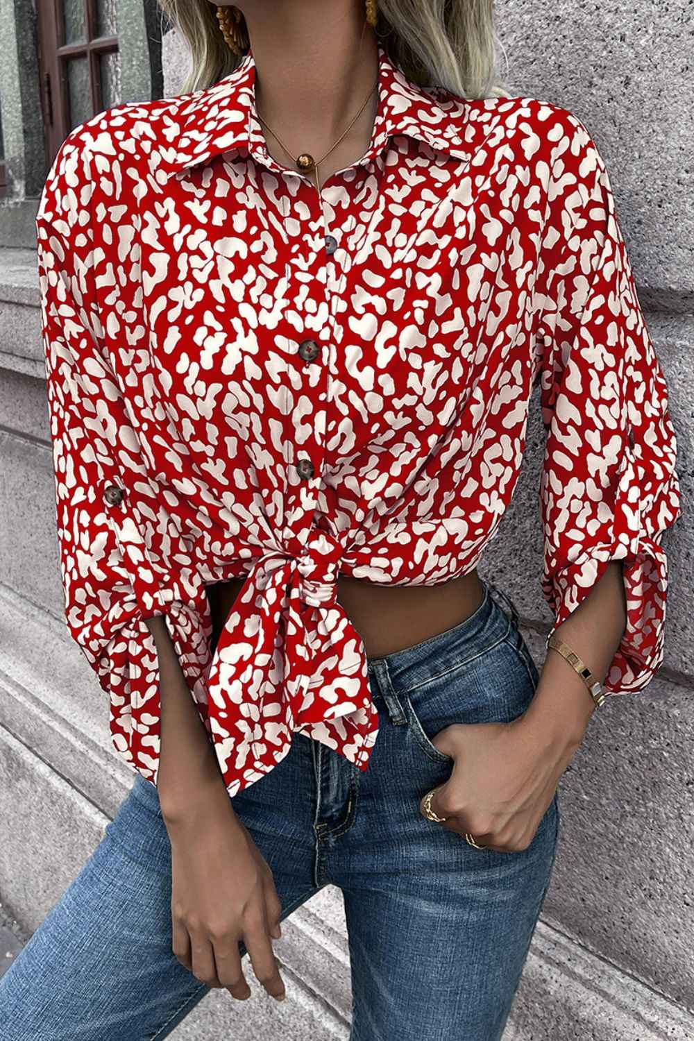 Ivy Lane Leopard Roll-Tap Sleeve Shirt Deep Red e99326ad29a94cf89bc7f44c013063ac-Max