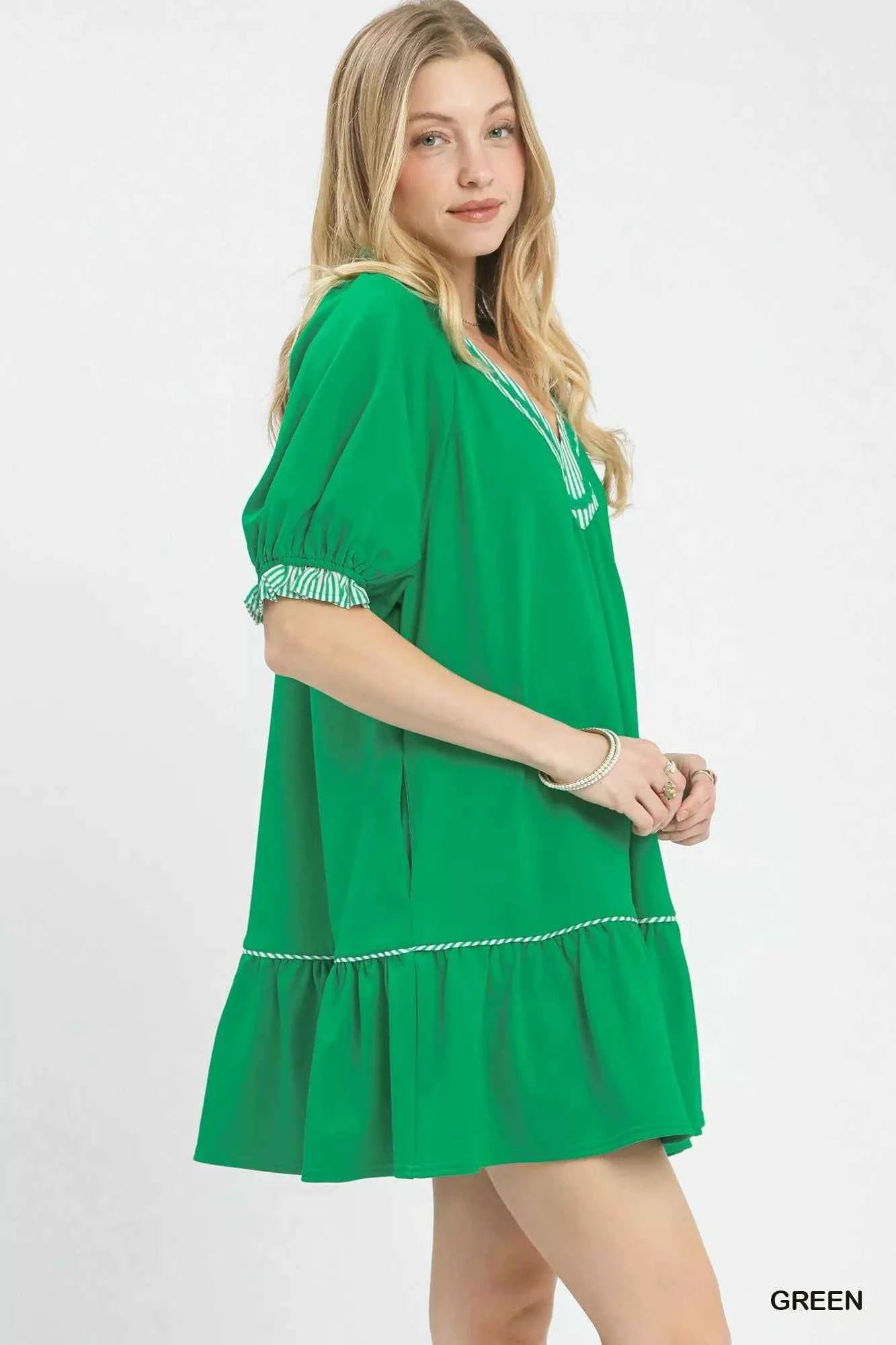 Umgee French Terry Mini Dress with Ruffled Striped Trim e993f4df-46d9-4a89-98df-1aefdb48a9b0-Max-Origin
