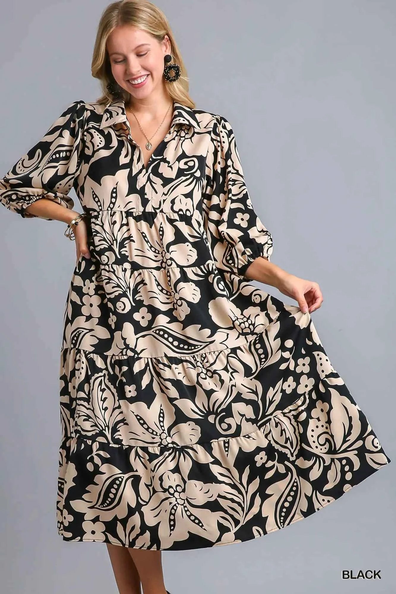 Umgee Floral Print Tiered Midi Dress Black e9941ac1-d0f0-40eb-9110-4222c9aa0bd7-Max-Origin