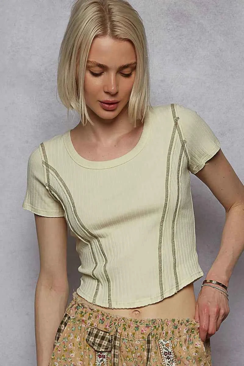 POL Contrast Stitching Round Neck Crop T-Shirt Sage e996604f-f6ca-4e4a-9303-b9b5615cb328-Max-Origin