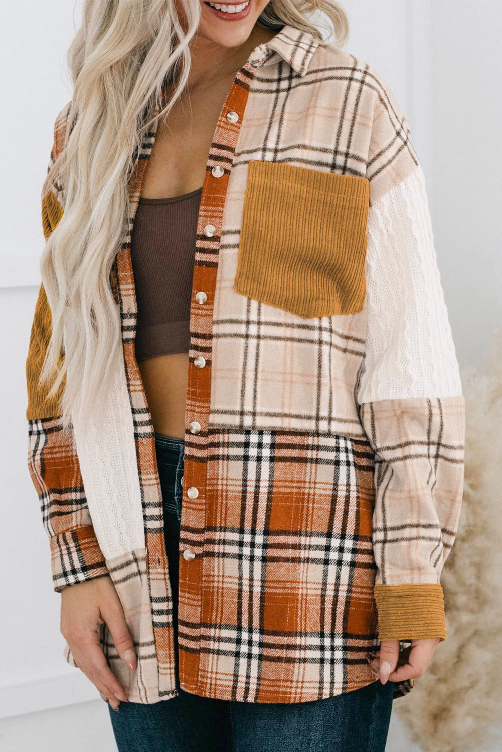 Orange Plaid Color Block Patchwork Pocket Shirt Shacket e996cdb01f288805