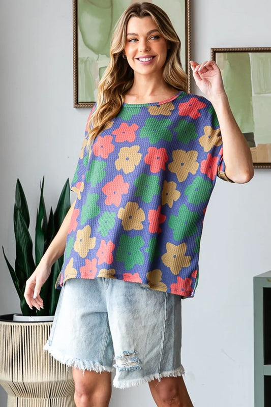 Full Size Floral Round Neck Side Slit T-Shirt e9982207-53b7-4a03-85d2-87a0bee3e301-Max
