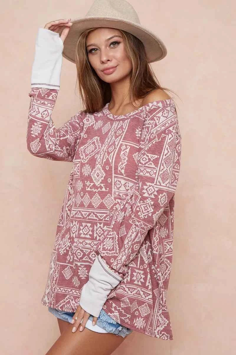 Aztec Print French Terry Top with Thumb Opening e99dc24ae12845eb96153b6f6a4f54fe-Max-Origin