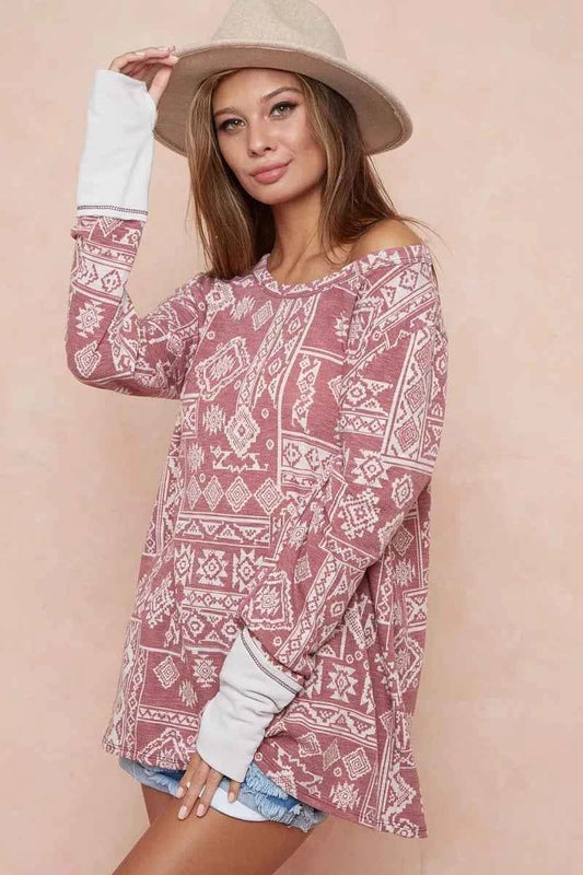 Aztec Print French Terry Top with Thumb Opening e99dc24ae12845eb96153b6f6a4f54fe-Max-Origin