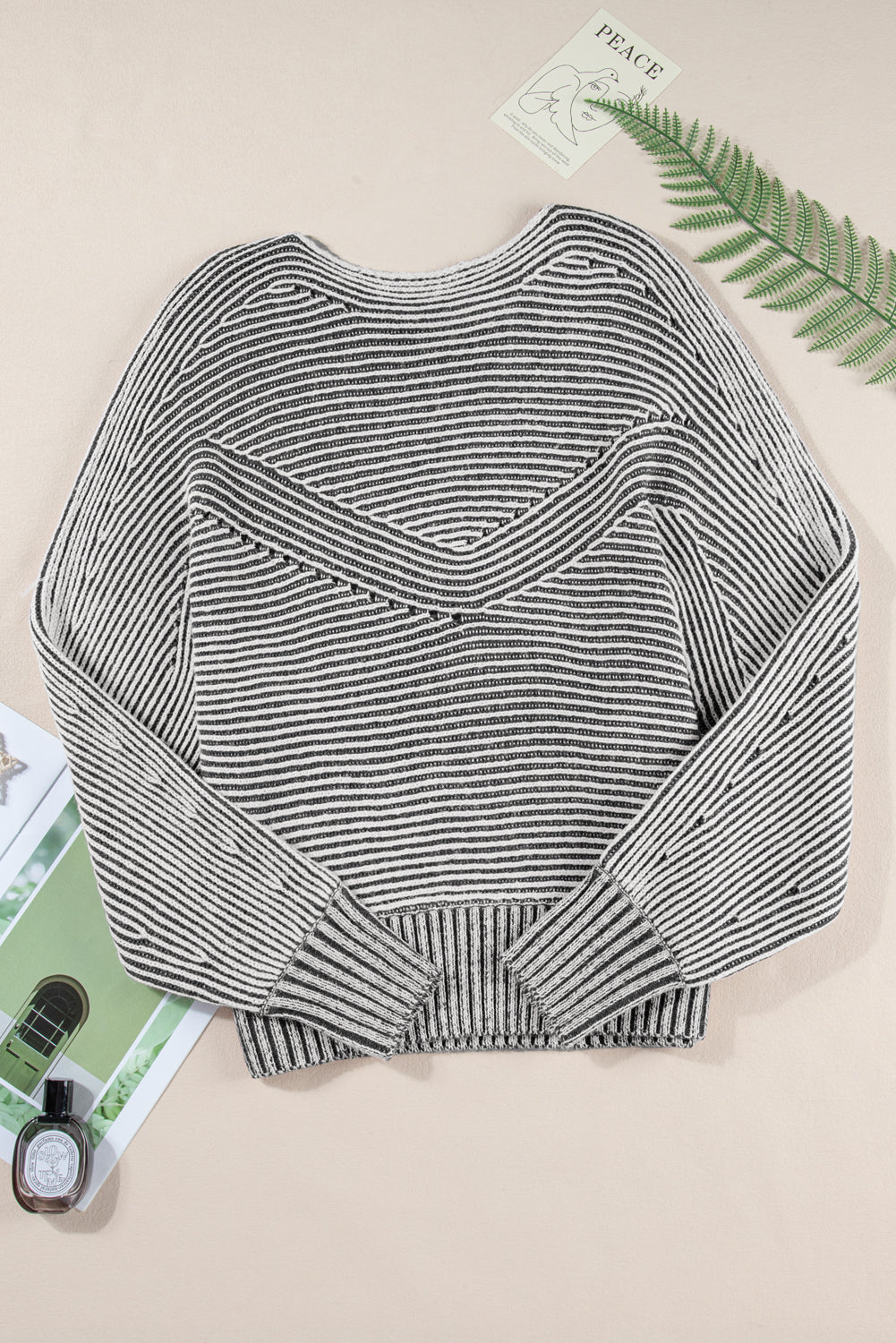 Black Striped Print Ribbed Knit Raglan Sleeve Baggy Sweater e99e17b8da6bc115