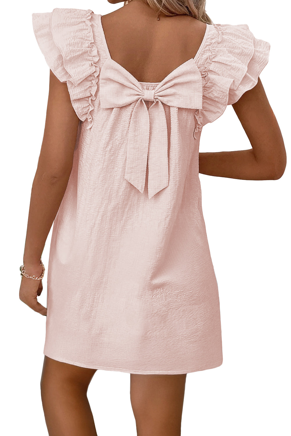 Beau Blue Textured Flutter Sleeve Square Neck Bow Back Mini Dress e9a01277ca219243