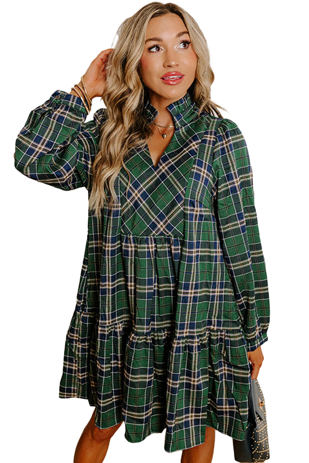 Green Plaid Print Frill Neck Long Sleeve Mini Dress Green 55%Cotton+45%Viscose e9a1a4316bac24c7