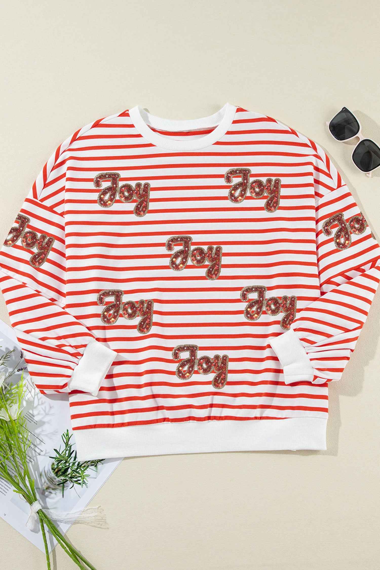 Orange Stripe Sequined Joy Pattern Patchwork Sleeve Round Neck Sweatshirt e9a380ec10b8d624