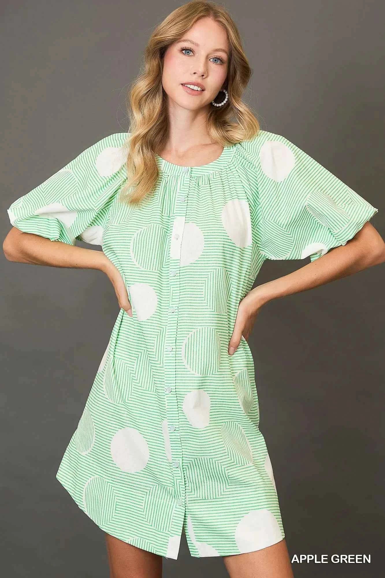 Umgee Stripe and Dot Print Button Down Puff Sleeve Mini Dress APPLE GREEN e9a8d6a5-b062-43a5-8955-2304dacf81fe-Max-Origin