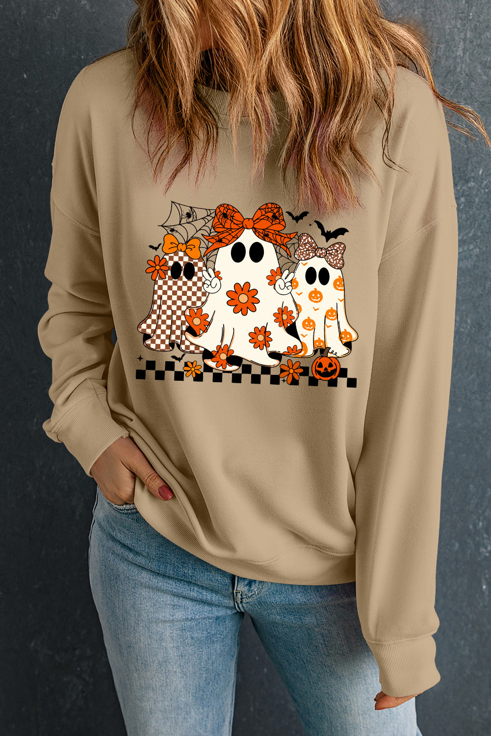 Khaki Cute Halloween Ghost Heat Transfer Printing Graphic Baggy Sweatshirt Khaki 50%Polyester+50%Cotton e9aa08ce4173a290
