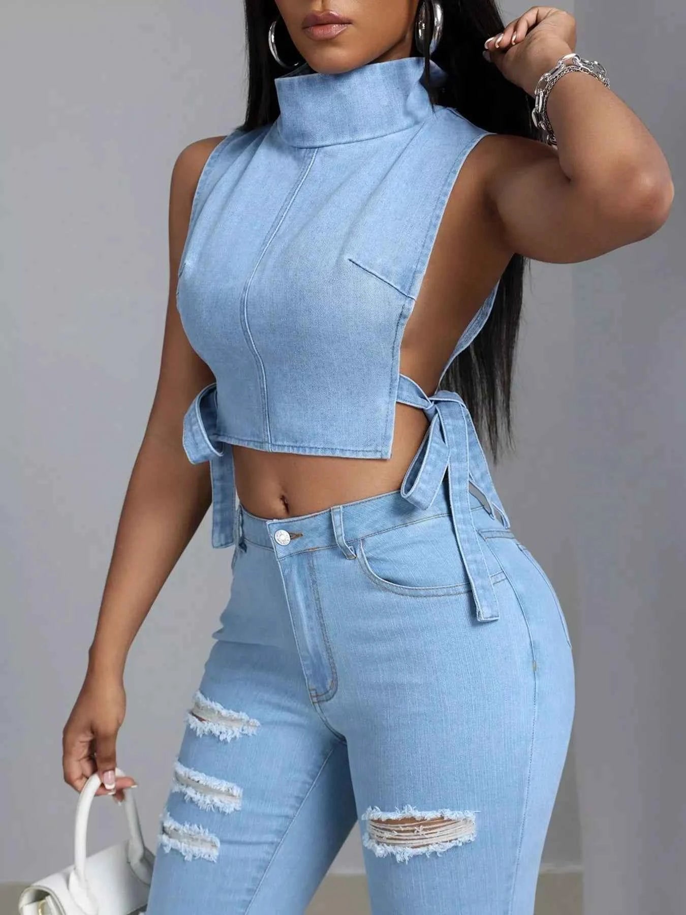 Sleeveless Cropped Denim Turtleneck Top with Side Tie Details