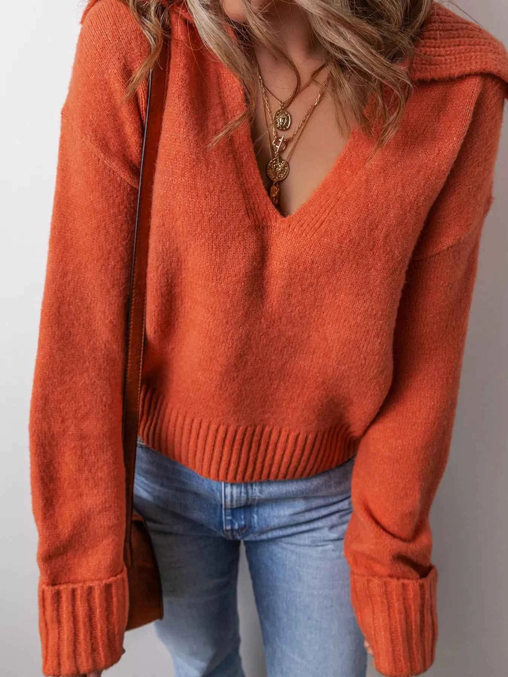 Collared V Neck Ribbed Edge Sweater e9b08fa922f143ad94b187478afe5458-Max-Origin