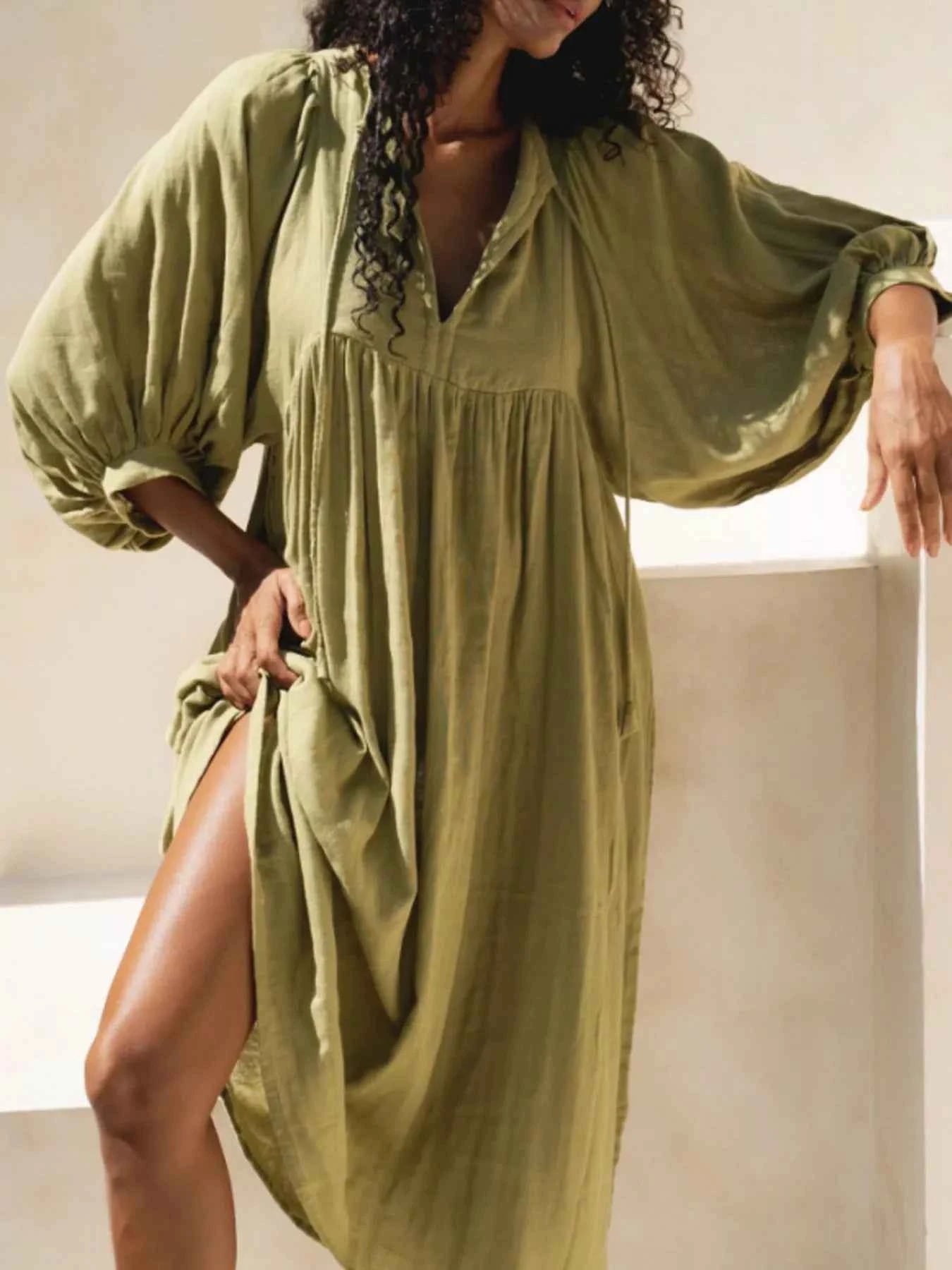 Tie Neck 3/4 Sleeve Midi Dress Matcha e9b9174d-011b-4461-b367-dce792565026-Max-Origin