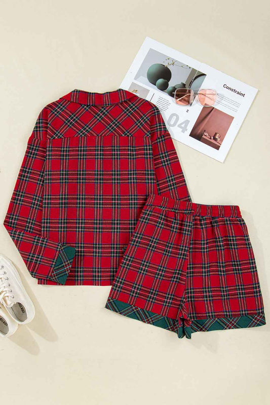 Red Plaid Contrast Color Christmas Holiday Long Sleeve Shirt and Shorts Pajama Set e9bc5cf73cae0d30