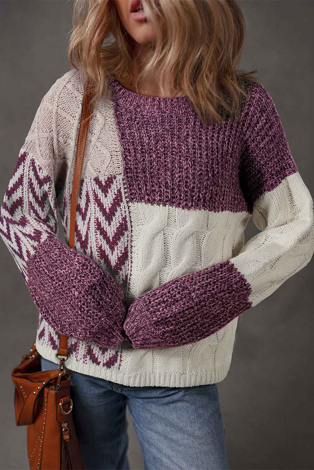 Purple Color Block Patchwork Knotted Back Loose Fit Sweater Purple 100%Polyester e9bda10474e25861