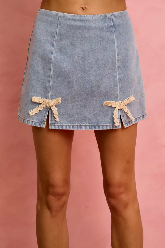Lace Ribbon Trim Denim Mini Skirt with Bows e9bef7f5-ed8a-4a7c-9c60-87ae1a04ec1a-Max-Origin