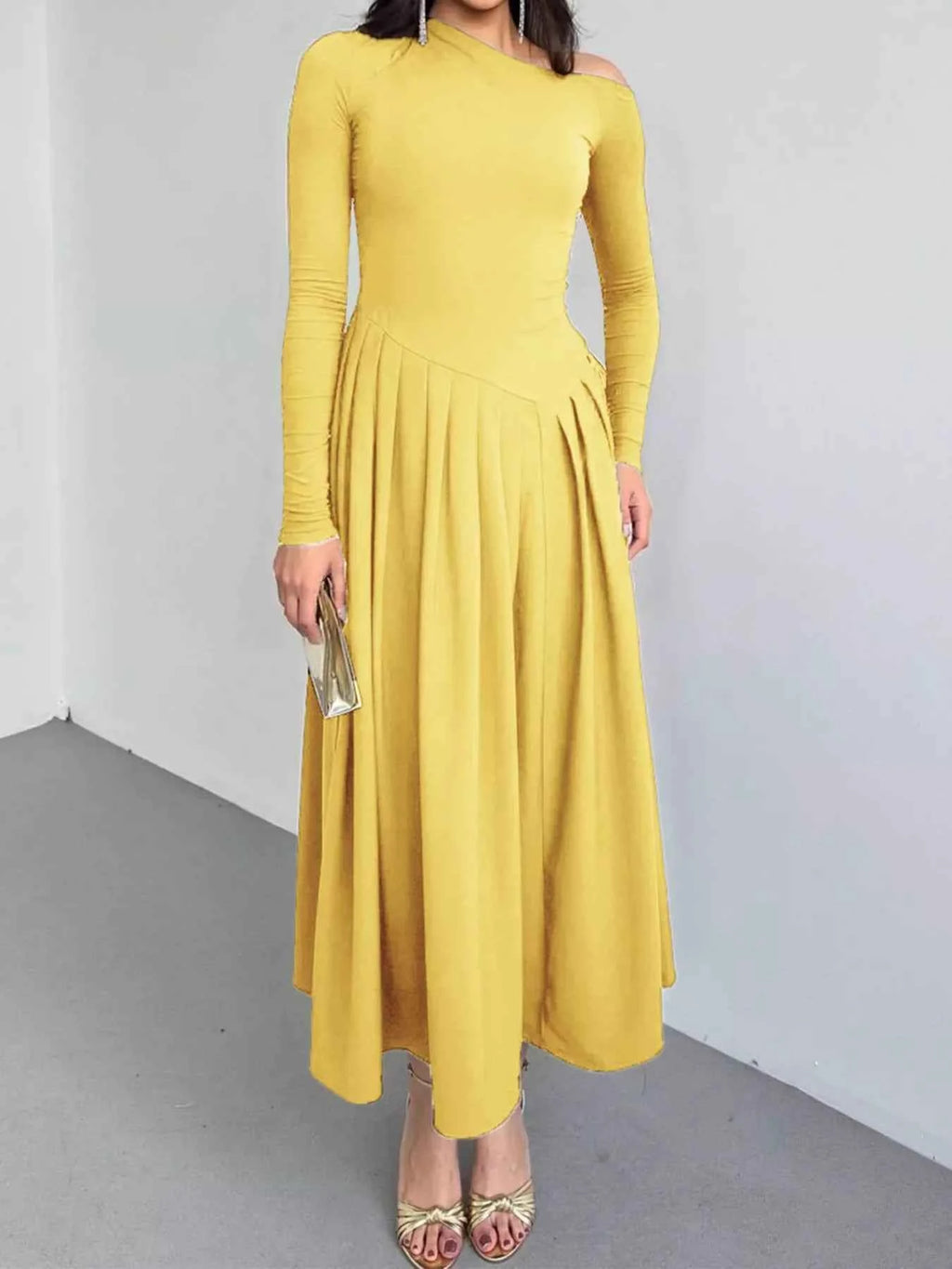 Ruched One Shoulder Long Sleeve Dress Yellow e9c0302e58694d068cc54384dc78273a-Max-Origin