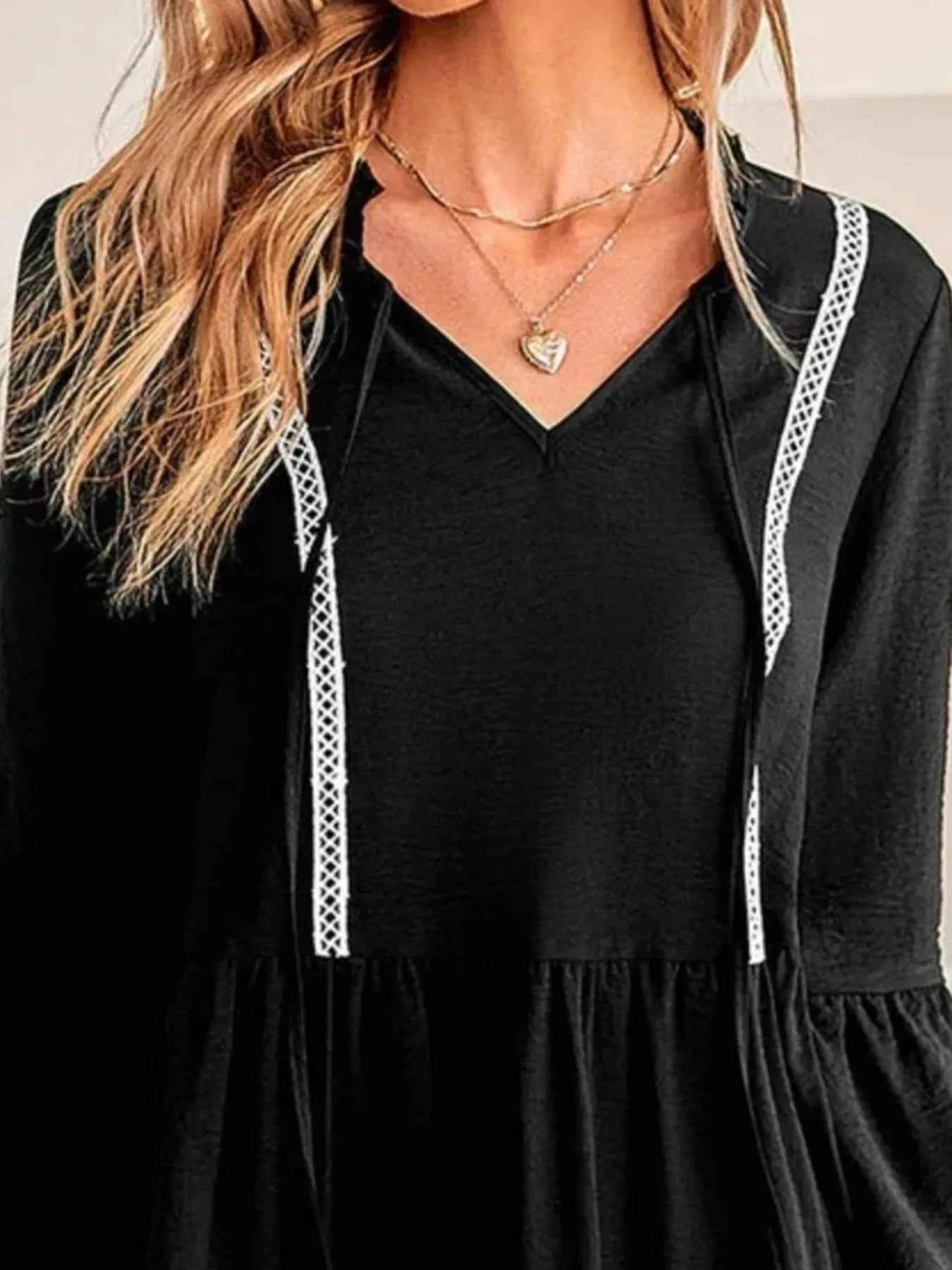 Tie-Neck Long Sleeve Mini Dress with Trim Detail e9c1c75f-ae6a-490f-b343-11a2daec7f6a-Max-Origin