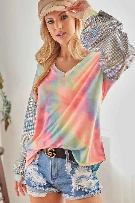 V Neck Tie Dye French Terry Top with Shiny e9c23290bf754f6eb47abf7cbc815928-Max-Origin
