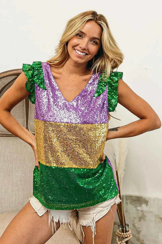 Mardi Gras Sequin Color Block Ruffled Top e9cb5e1980684db0a0169626510dca80-Max-Origin